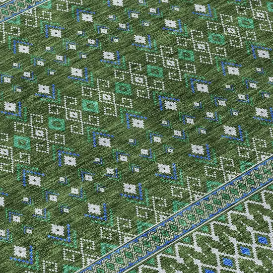 Olive Green And Blue Tribal Washable Indoor Outdoor Area Rug Photo 3