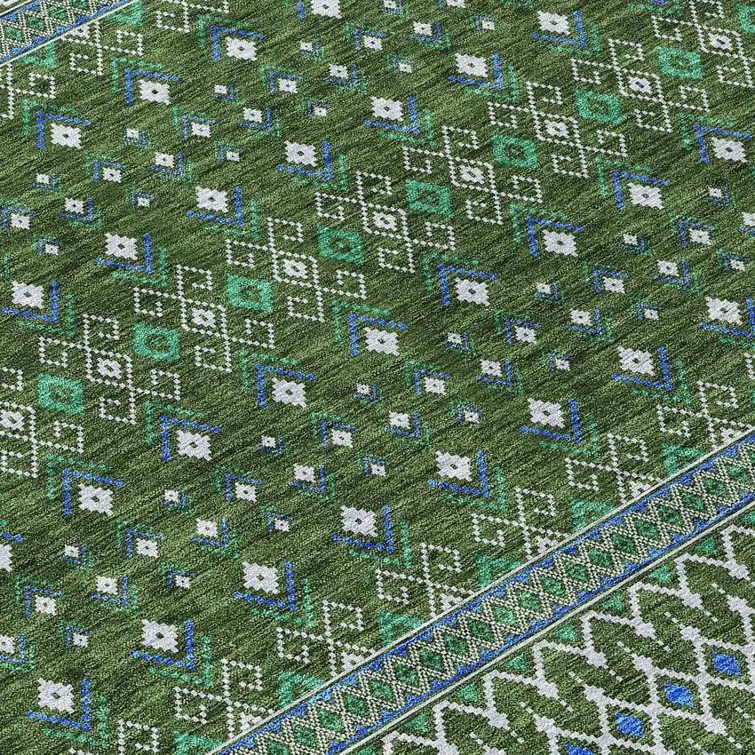 Olive Green And Blue Tribal Washable Indoor Outdoor Area Rug Photo 3