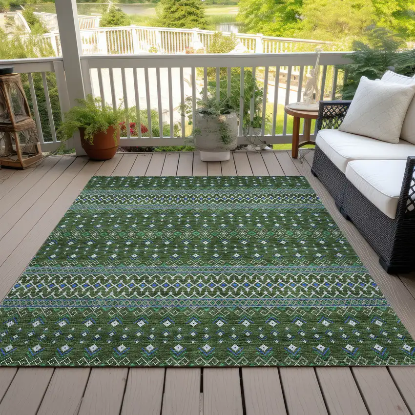 Olive Green And Blue Tribal Washable Indoor Outdoor Area Rug Photo 9