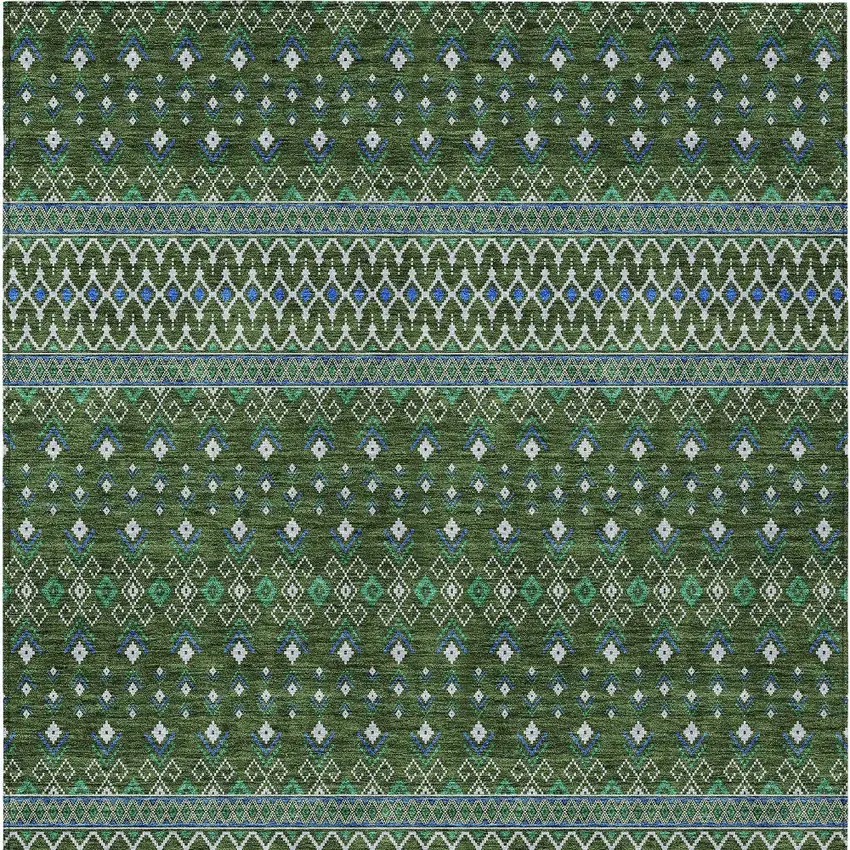 Olive Green And Blue Tribal Washable Indoor Outdoor Area Rug Photo 4