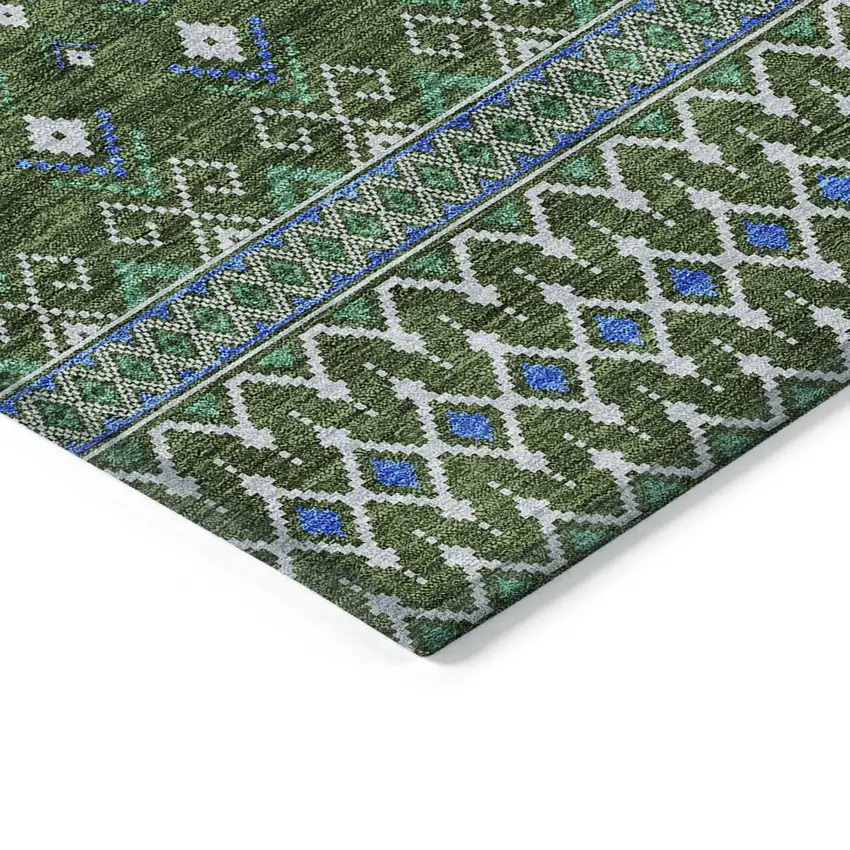 Olive Green And Blue Tribal Washable Indoor Outdoor Area Rug Photo 4
