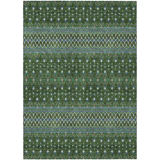 Olive Green And Blue Tribal Washable Indoor Outdoor Area Rug Photo 1
