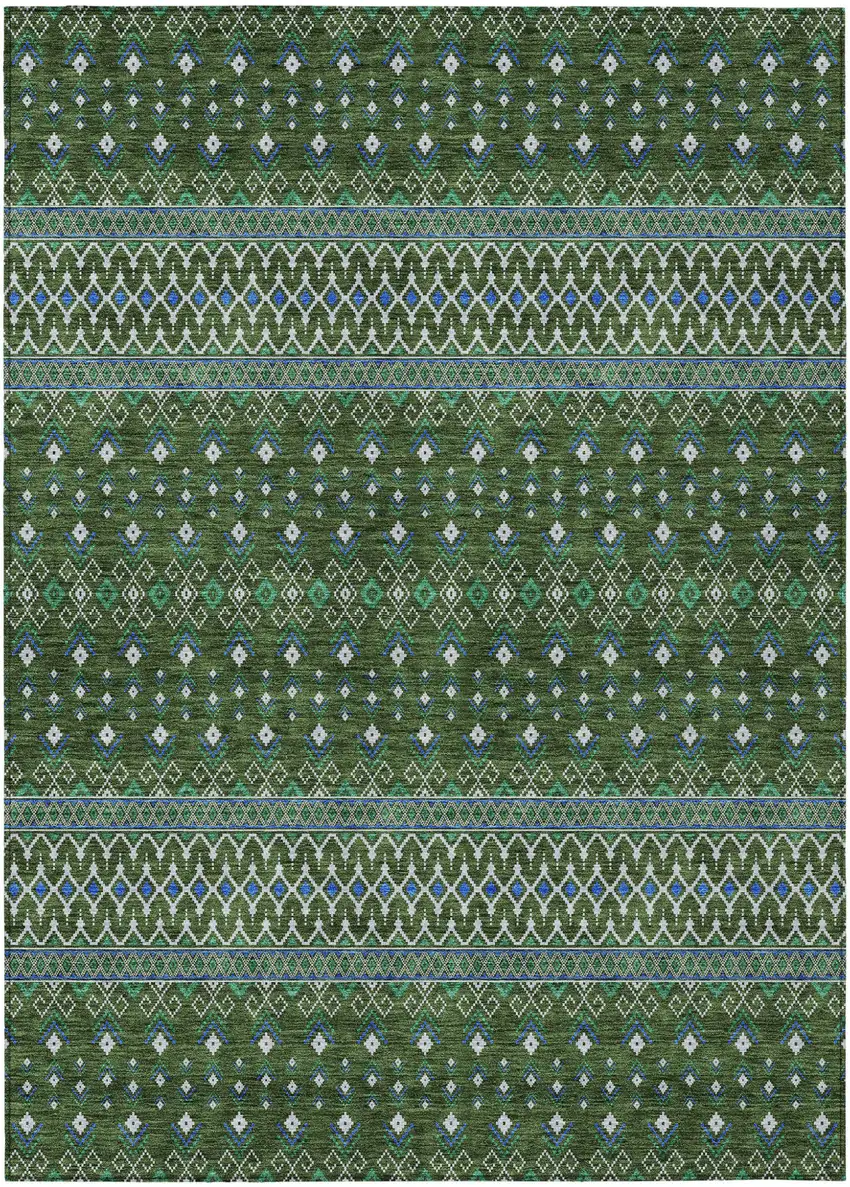 Olive Green And Blue Tribal Washable Indoor Outdoor Area Rug Photo 1