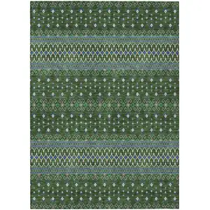 Photo of Olive Green And Blue Tribal Washable Indoor Outdoor Area Rug