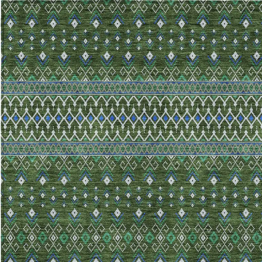 Olive Green And Blue Tribal Washable Indoor Outdoor Area Rug Photo 4