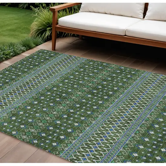 Olive Green And Blue Tribal Washable Indoor Outdoor Area Rug Photo 1