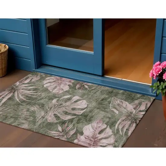 Olive Green And Blush Floral Washable Indoor Outdoor Area Rug Photo 2