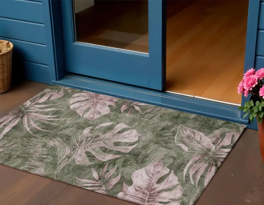 Olive Green And Blush Floral Washable Indoor Outdoor Area Rug Photo 2
