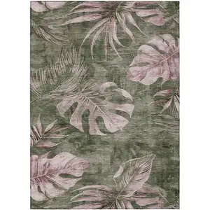 Photo of Olive Green And Blush Floral Washable Indoor Outdoor Area Rug