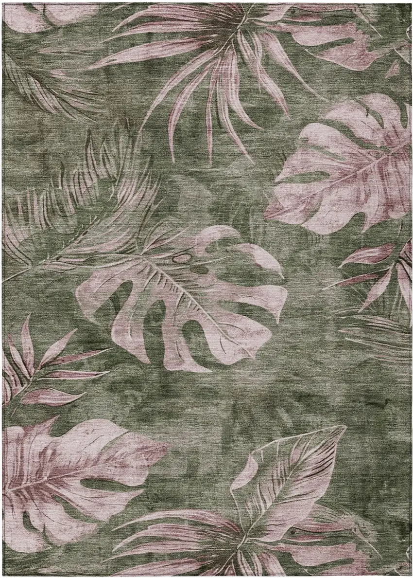 Olive Green And Blush Floral Washable Indoor Outdoor Area Rug Photo 9