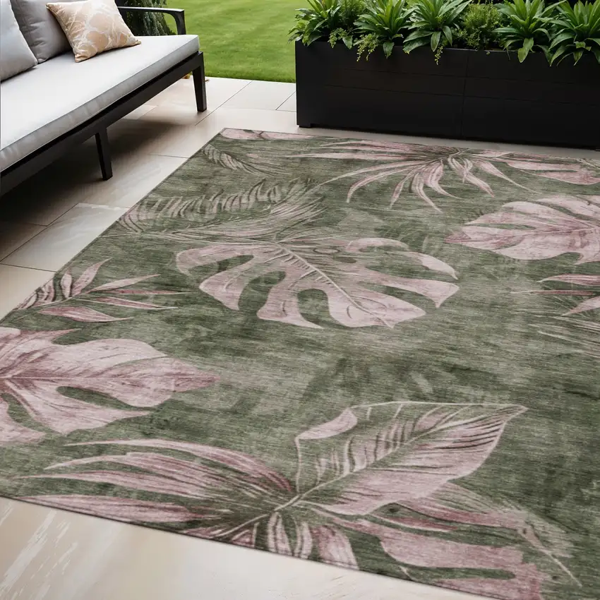 Olive Green And Blush Floral Washable Indoor Outdoor Area Rug Photo 2
