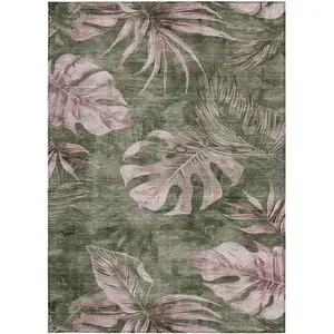 Photo of Olive Green And Blush Floral Washable Indoor Outdoor Area Rug