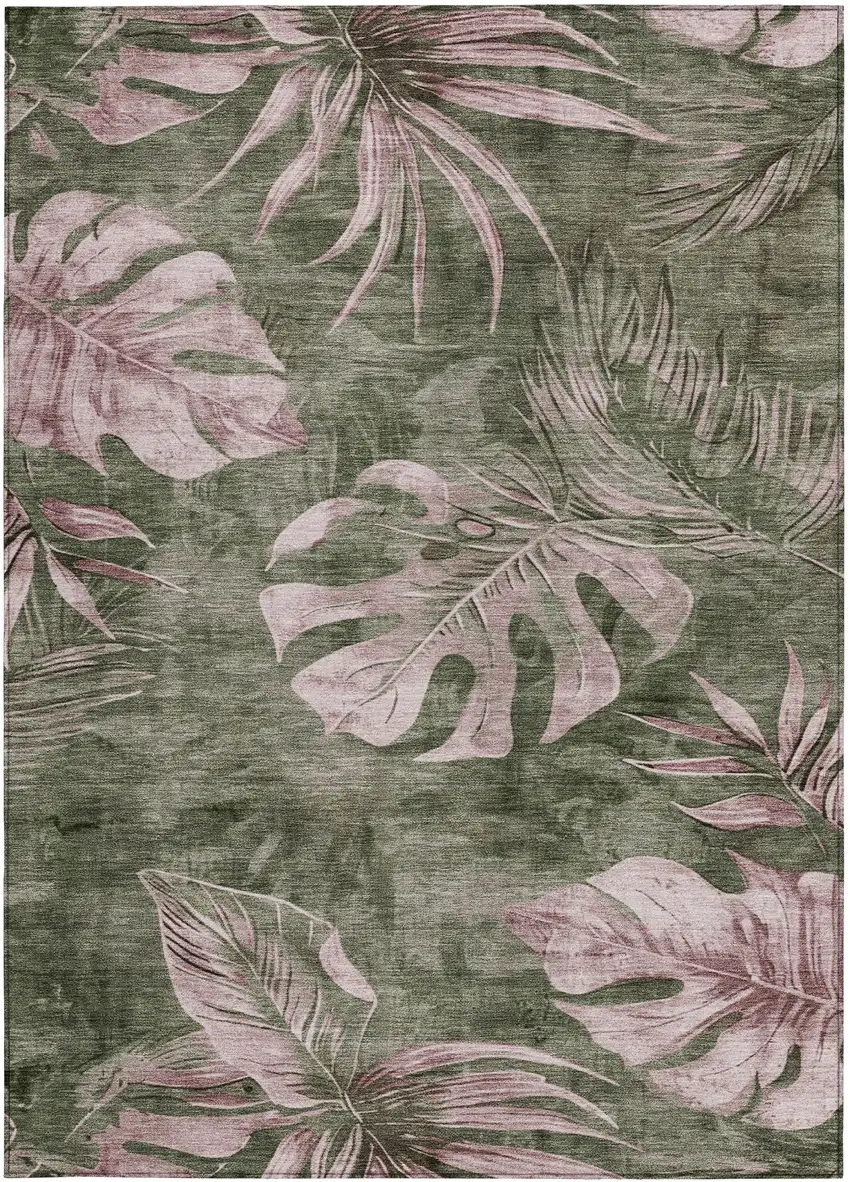 Olive Green And Blush Floral Washable Indoor Outdoor Area Rug Photo 1