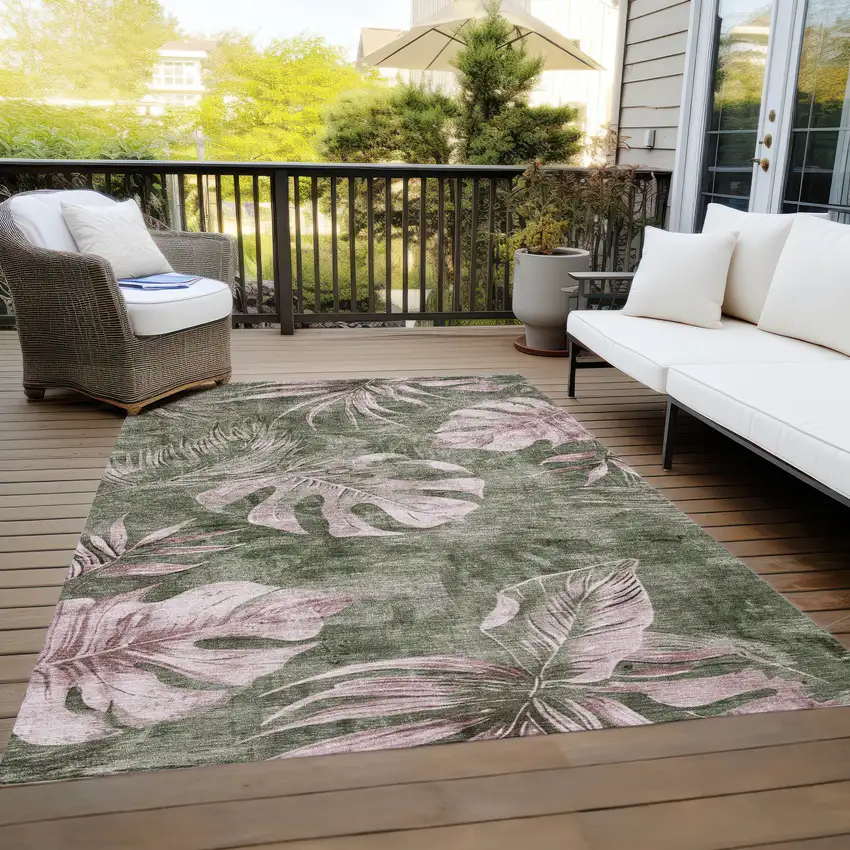 Olive Green And Blush Floral Washable Indoor Outdoor Area Rug Photo 8