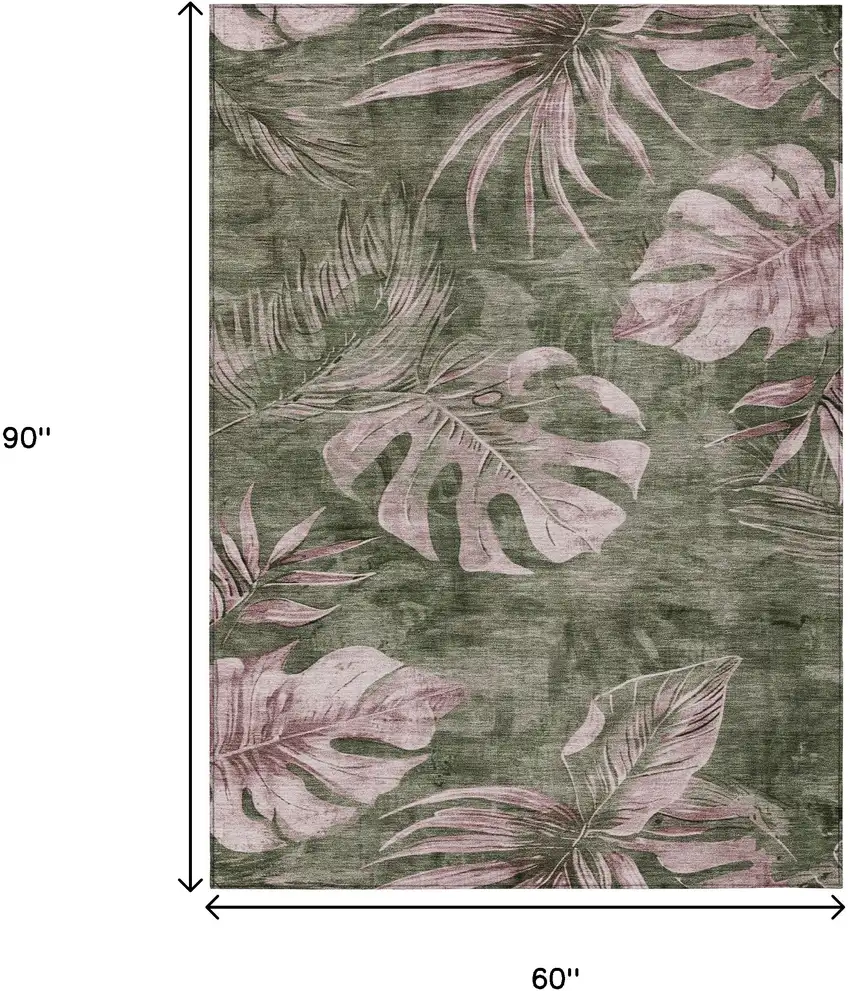 Olive Green And Blush Floral Washable Indoor Outdoor Area Rug Photo 9