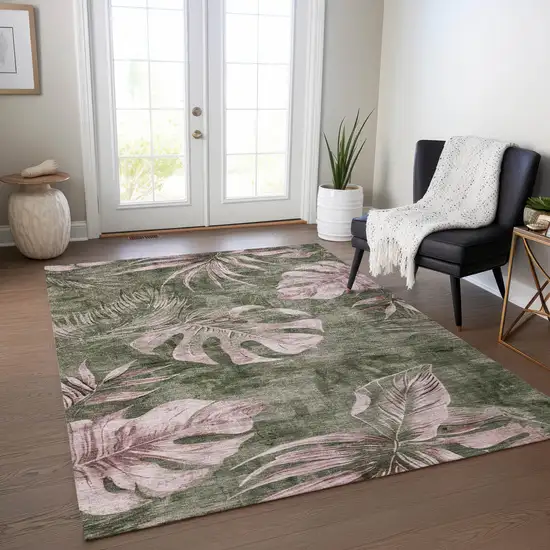 Olive Green And Blush Floral Washable Indoor Outdoor Area Rug Photo 7