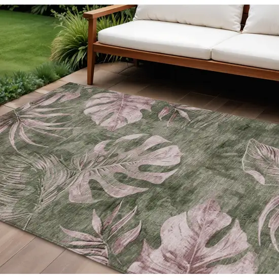 Olive Green And Blush Floral Washable Indoor Outdoor Area Rug Photo 2