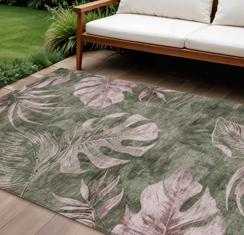 Olive Green And Blush Floral Washable Indoor Outdoor Area Rug Photo 2