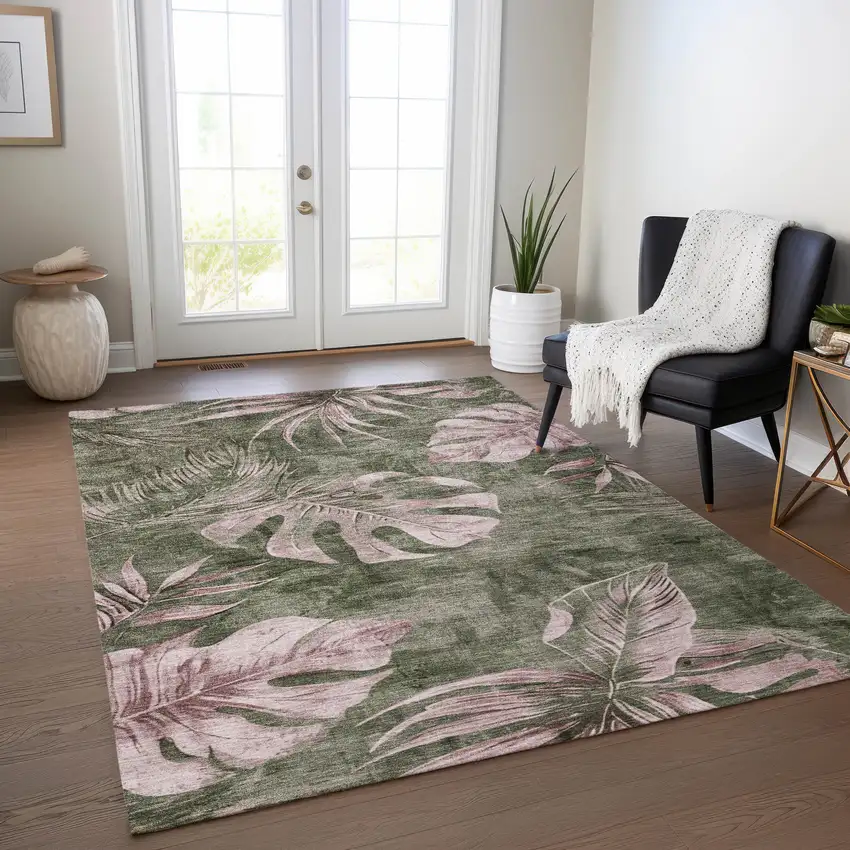 Olive Green And Blush Floral Washable Indoor Outdoor Area Rug Photo 6