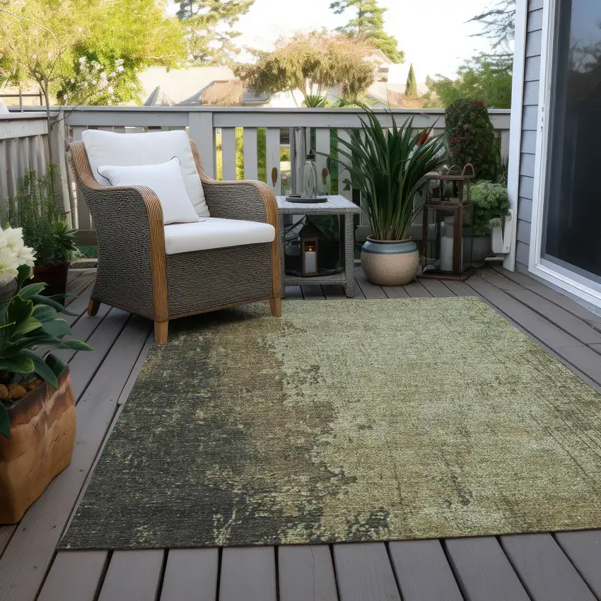 Olive Green And Brown Abstract Washable Indoor Outdoor Area Rug Photo 5