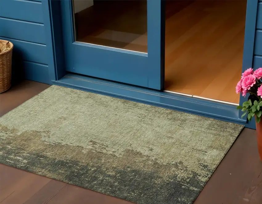 Olive Green And Brown Abstract Washable Indoor Outdoor Area Rug Photo 2