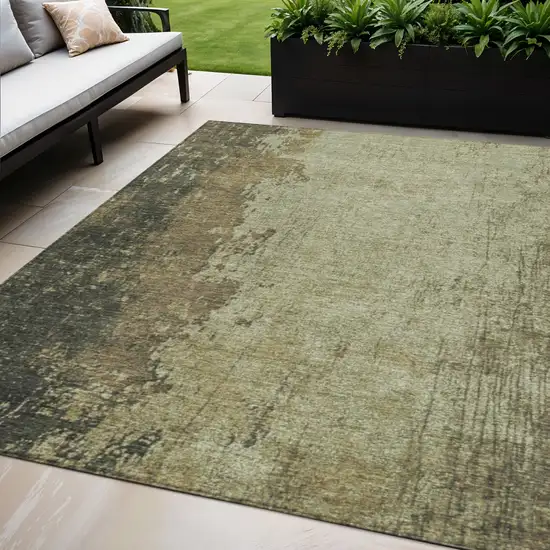 Olive Green And Brown Abstract Washable Indoor Outdoor Area Rug Photo 2