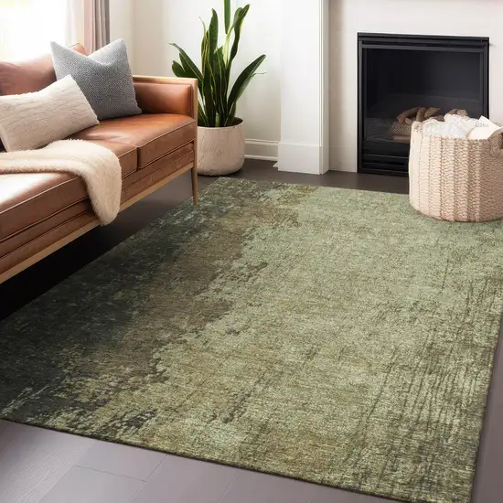 Olive Green And Brown Abstract Washable Indoor Outdoor Area Rug Photo 6