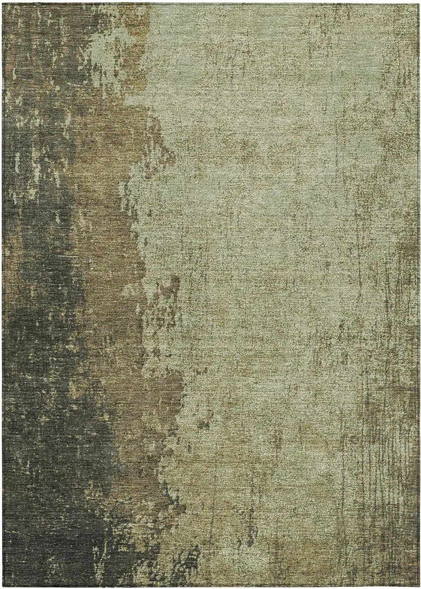 Olive Green And Brown Abstract Washable Indoor Outdoor Area Rug Photo 1