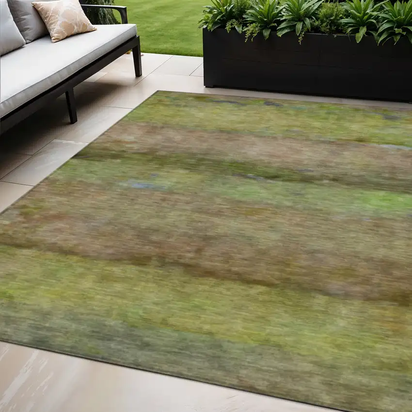 Olive Green And Brown Abstract Washable Indoor Outdoor Area Rug Photo 1