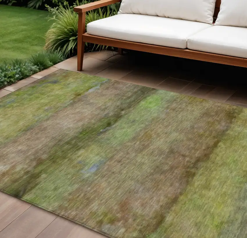 Olive Green And Brown Abstract Washable Indoor Outdoor Area Rug Photo 1
