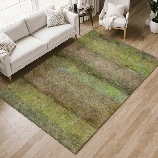 Olive Green And Brown Abstract Washable Indoor Outdoor Area Rug Photo 9