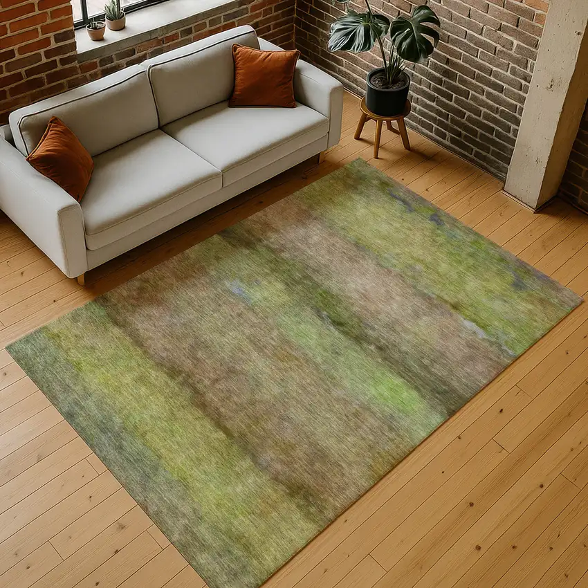 Olive Green And Brown Abstract Washable Indoor Outdoor Area Rug Photo 9
