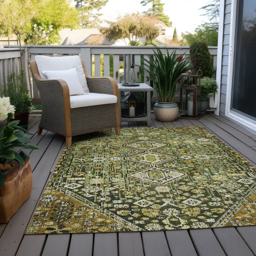 Olive Green And Brown Aztec Washable Indoor Outdoor Area Rug Photo 7