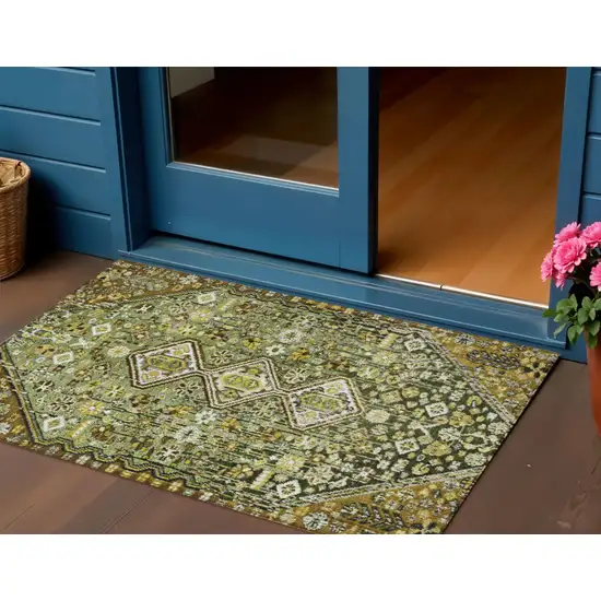 Olive Green And Brown Aztec Washable Indoor Outdoor Area Rug Photo 2