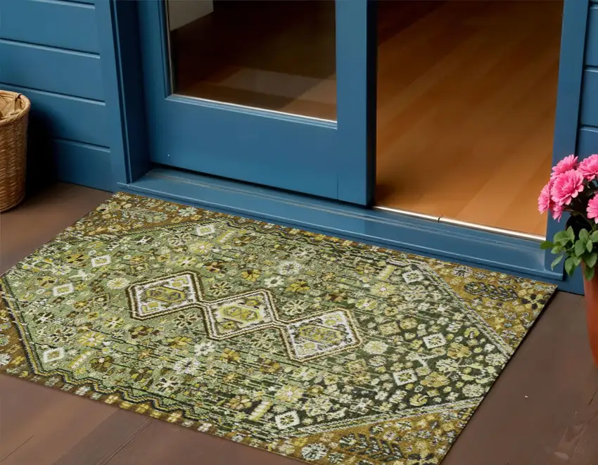 Olive Green And Brown Aztec Washable Indoor Outdoor Area Rug Photo 2