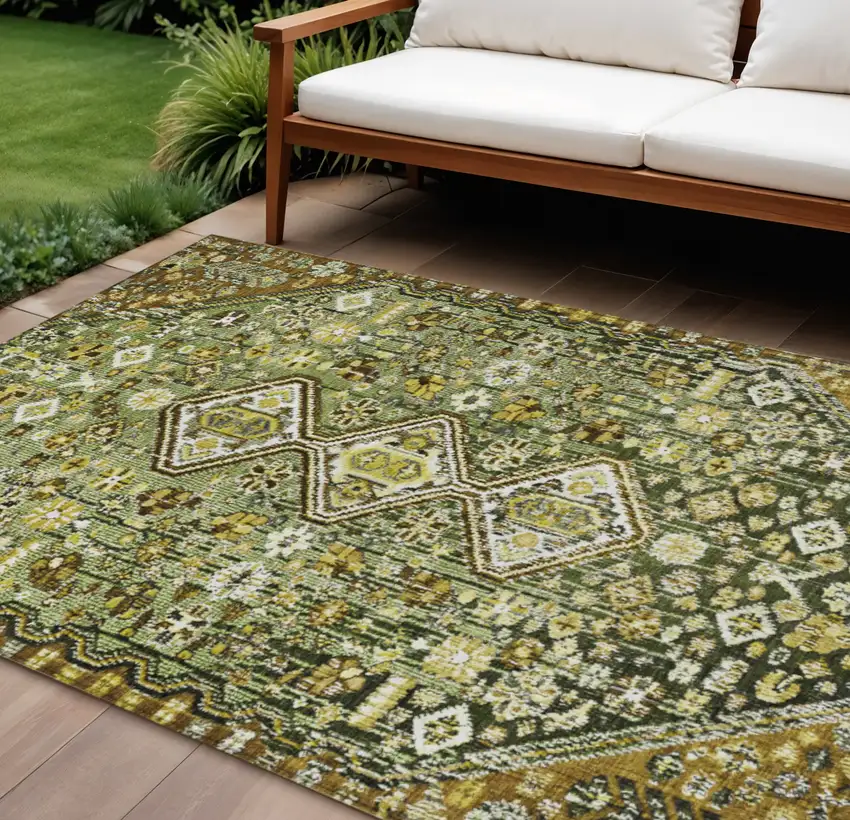 Olive Green And Brown Aztec Washable Indoor Outdoor Area Rug Photo 2