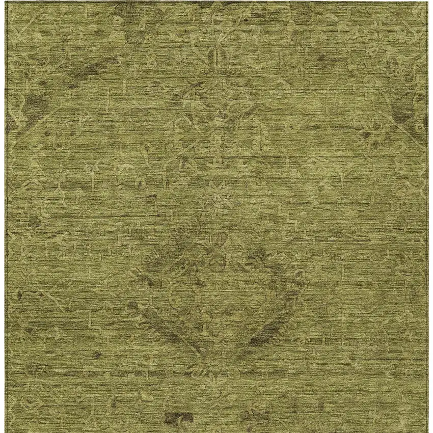 Olive Green And Brown Floral Washable Indoor Outdoor Area Rug Photo 6