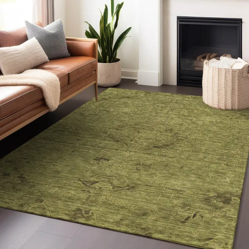 Olive Green And Brown Floral Washable Indoor Outdoor Area Rug Photo 8