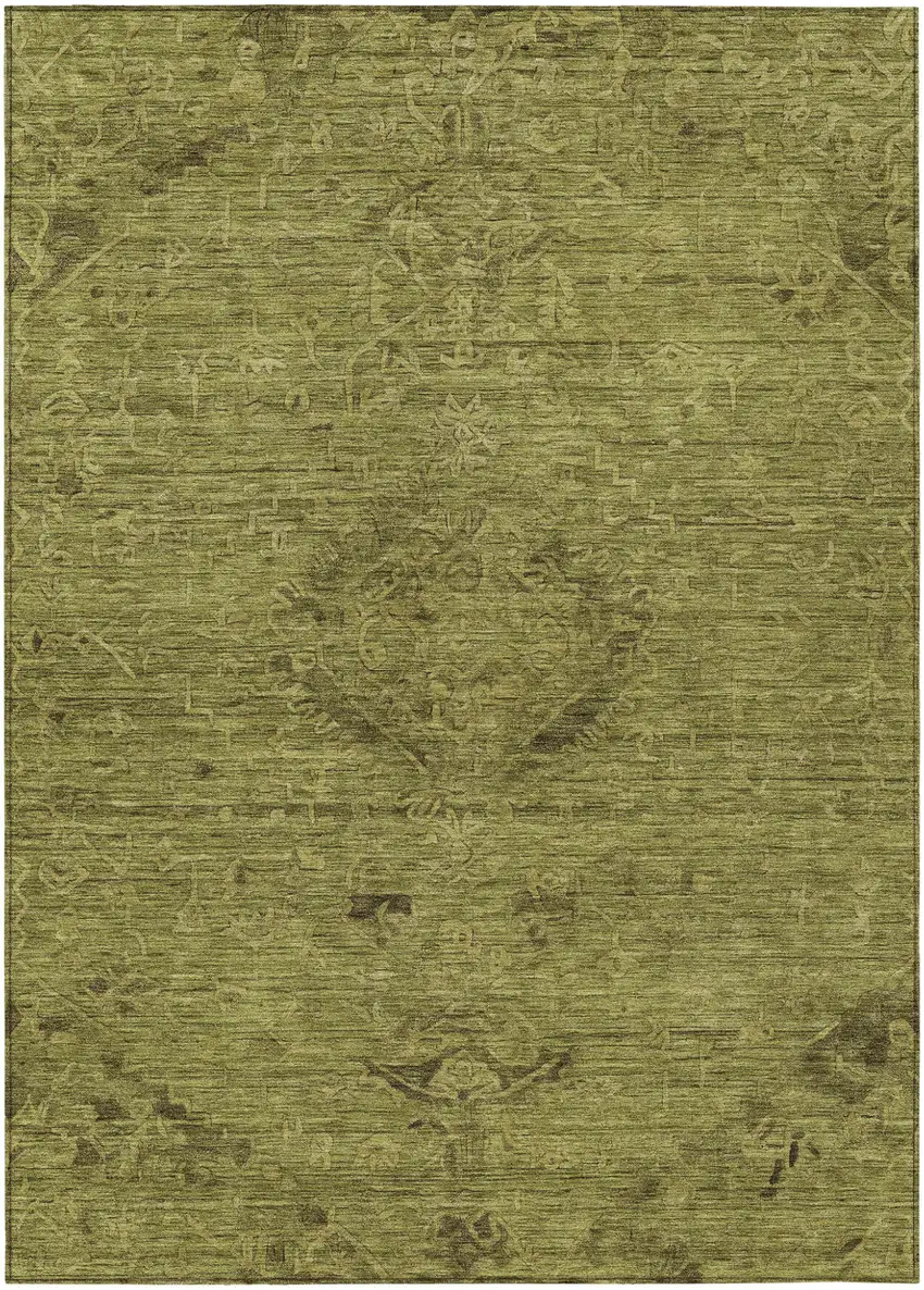 Olive Green And Brown Floral Washable Indoor Outdoor Area Rug Photo 2