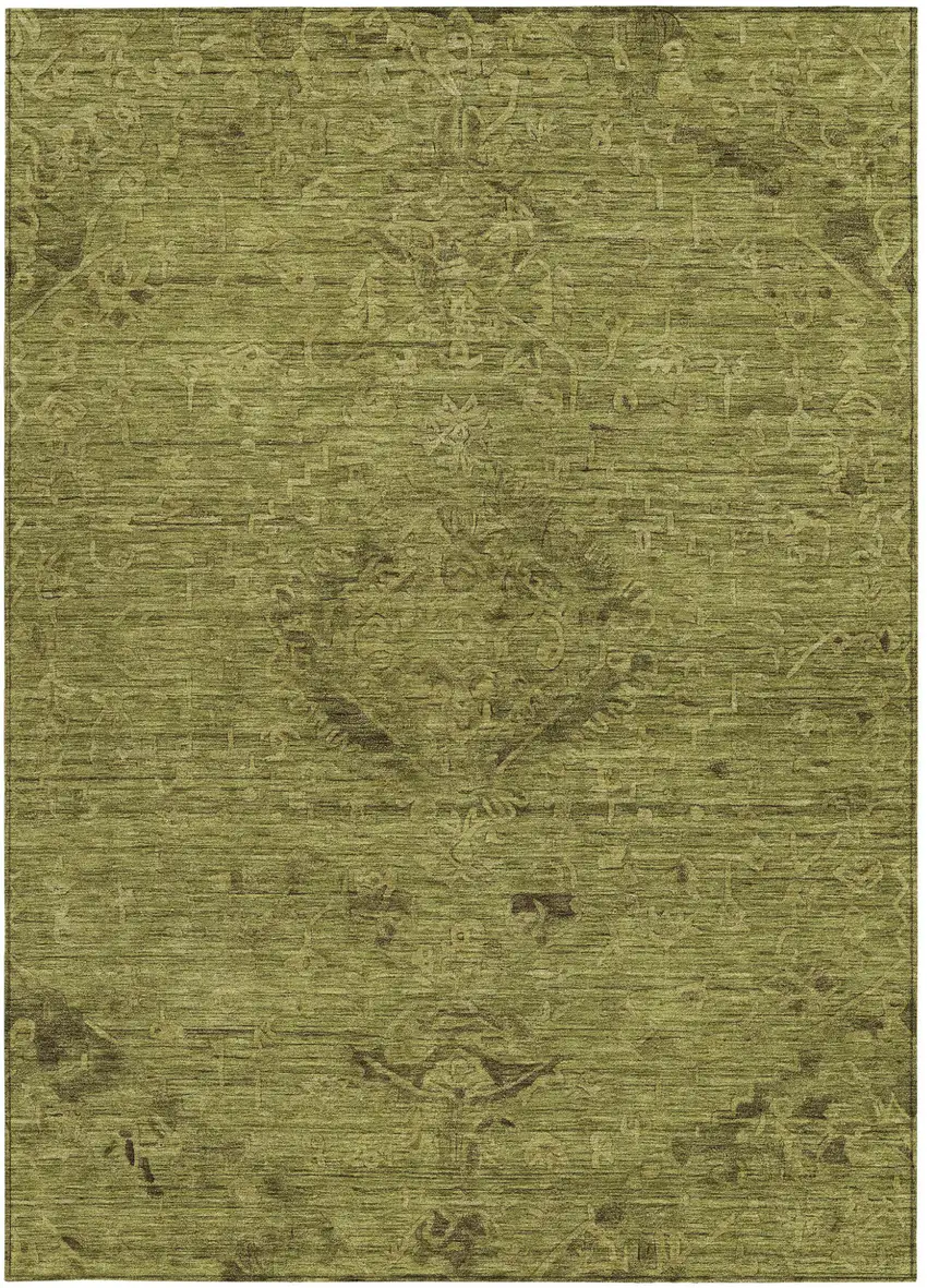 Olive Green And Brown Floral Washable Indoor Outdoor Area Rug Photo 6