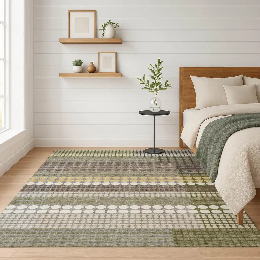 Olive Green And Brown Geometric Washable Indoor Outdoor Area Rug Photo 6