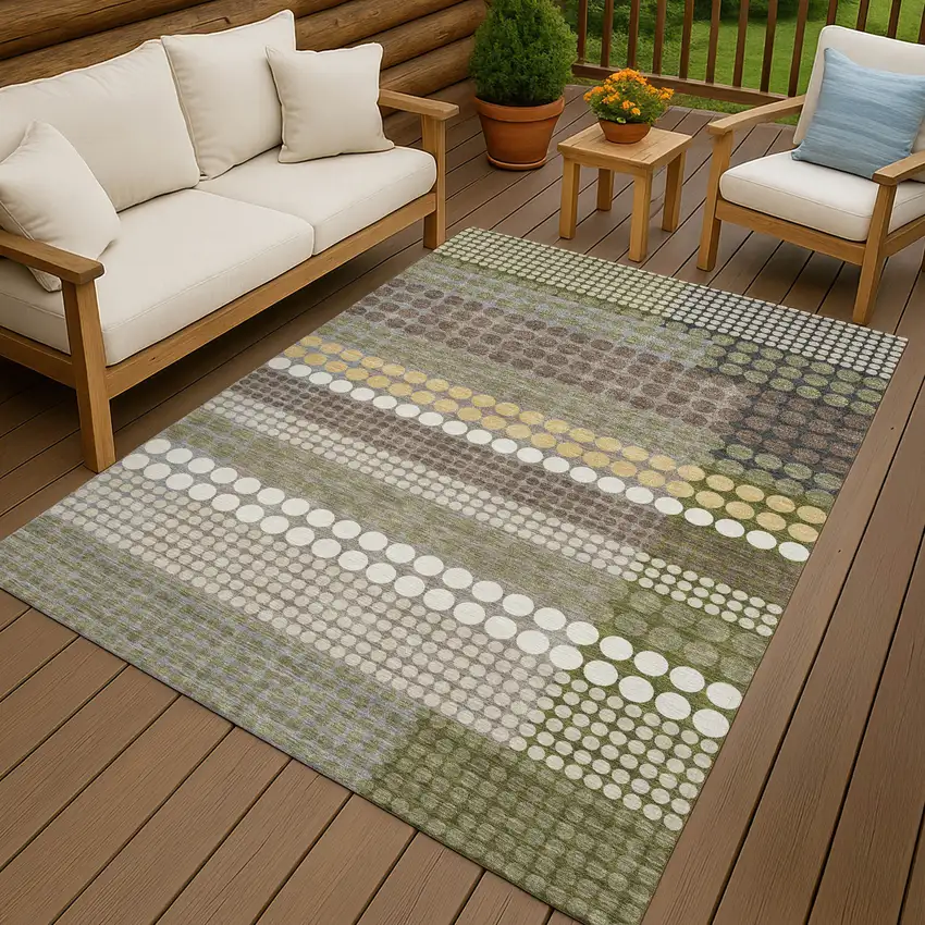 Olive Green And Brown Geometric Washable Indoor Outdoor Area Rug Photo 4