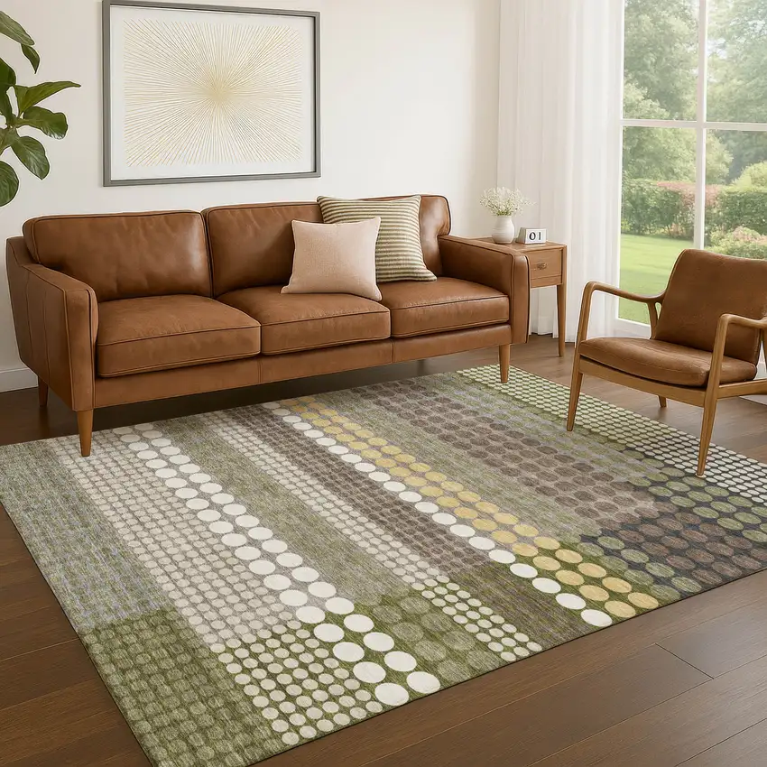 Olive Green And Brown Geometric Washable Indoor Outdoor Area Rug Photo 5