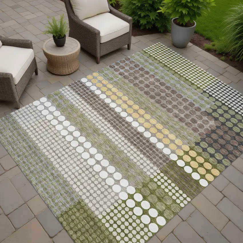 Olive Green And Brown Geometric Washable Indoor Outdoor Area Rug Photo 7