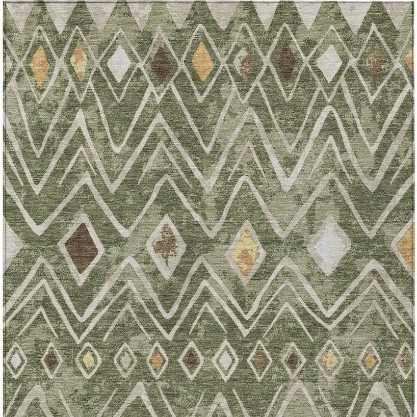 Olive Green And Brown Geometric Washable Indoor Outdoor Area Rug Photo 3