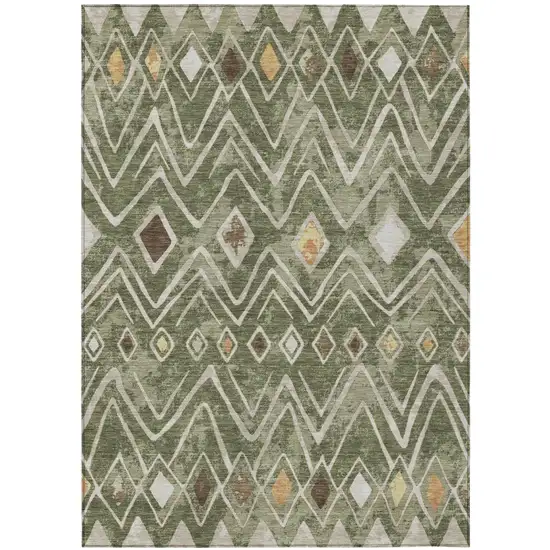 Olive Green And Brown Geometric Washable Indoor Outdoor Area Rug Photo 2