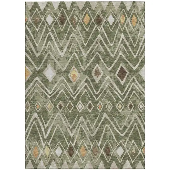 Olive Green And Brown Geometric Washable Indoor Outdoor Area Rug Photo 4