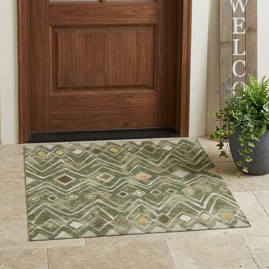 Olive Green And Brown Geometric Washable Indoor Outdoor Area Rug Photo 1