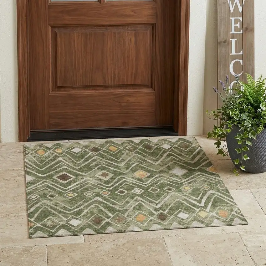 Olive Green And Brown Geometric Washable Indoor Outdoor Area Rug Photo 1
