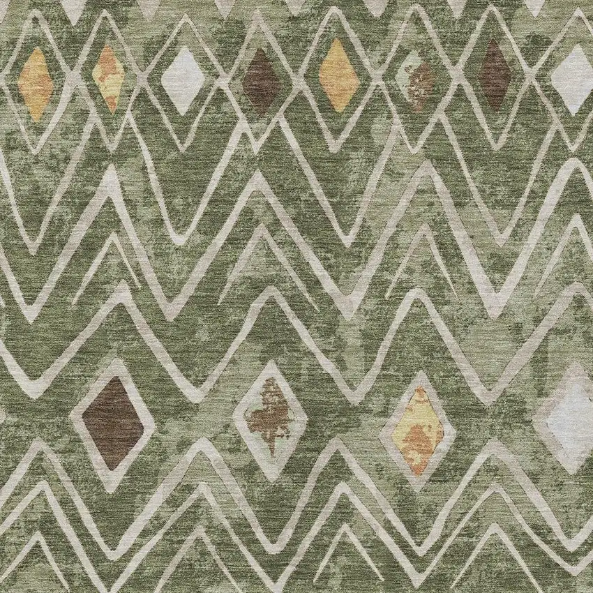 Olive Green And Brown Geometric Washable Indoor Outdoor Area Rug Photo 3